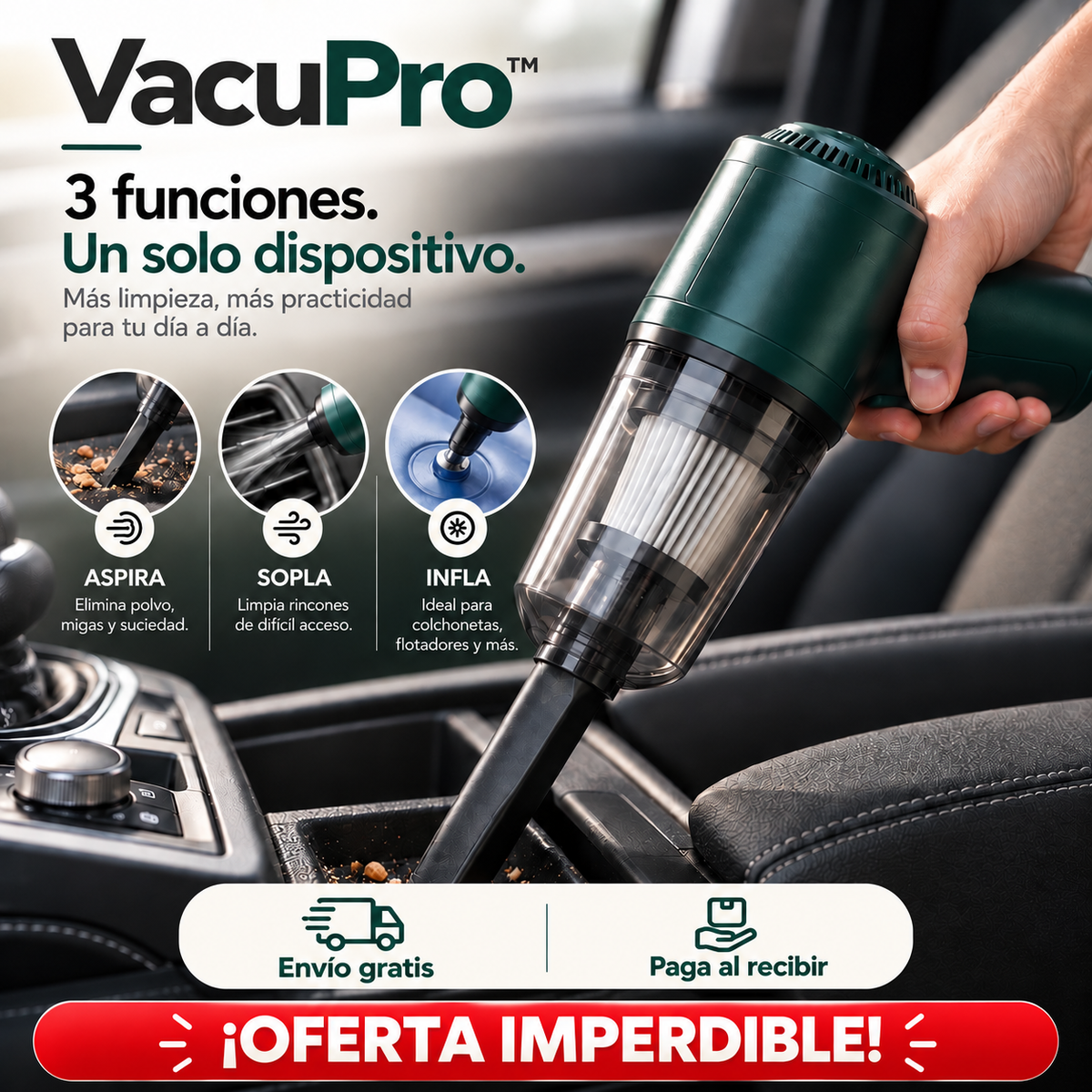 VacuPro™ 3 en 1 – Aspirador, Soplador e Inflador Portátil