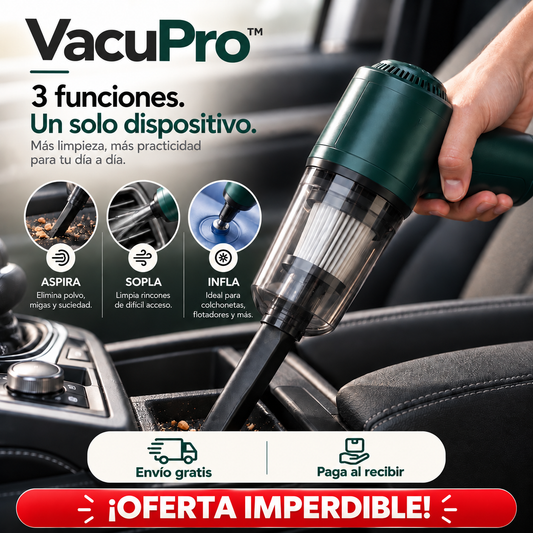 VacuPro™ 3 en 1 – Aspirador, Soplador e Inflador Portátil