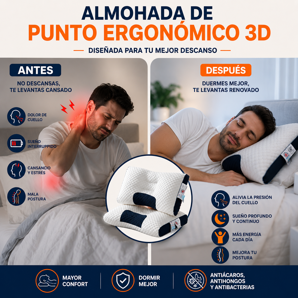 Almohada Ergonómica 3D™ | Descanso Profundo Toda la Noche 🌙