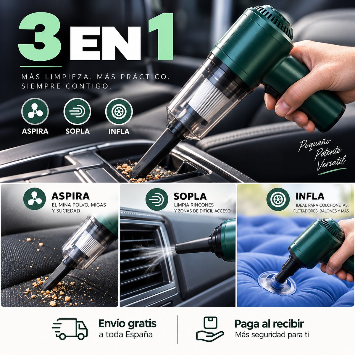 VacuPro™ 3 en 1 – Aspirador, Soplador e Inflador Portátil